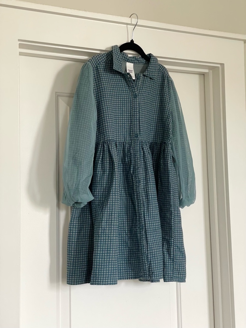 Open Edit Girls Blue Grid Collared A-Line Dress Long Balloon Sleeve Mesh Size 7